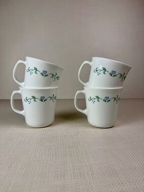 Vintage Corning Ware Mugs Set of 4 Blue Heart Green Vine Milk Glass Coffee Cups